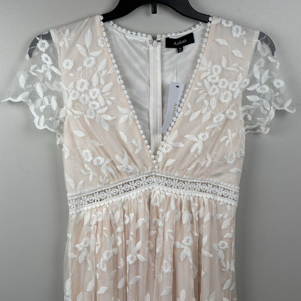 NWT Aakaa Ivory White Over Blush Peach Lace Dress Size MEDIUM Maxi Deep V Bridal